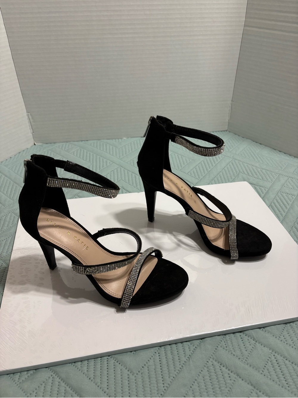 Kelly & Katie Strappy Rhinestone Ankle Zip Sandals Black Silver 7.5 M High Heels